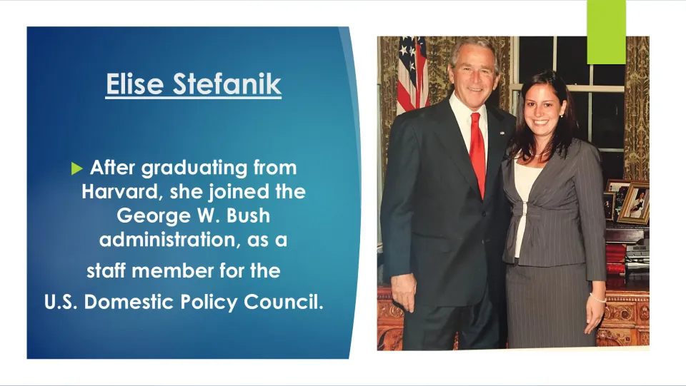 Early career slide describing Stefanik’s work on the U.S. Domestic Policy Council under George W. Bush