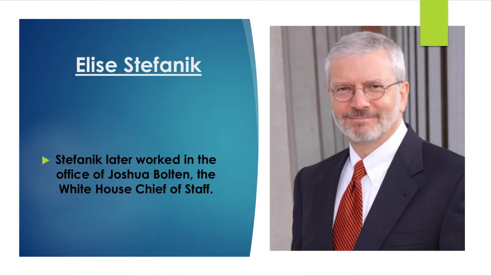 Early career slide describing Stefanik’s work in the office of White House Chief of Staff Joshua Bolten