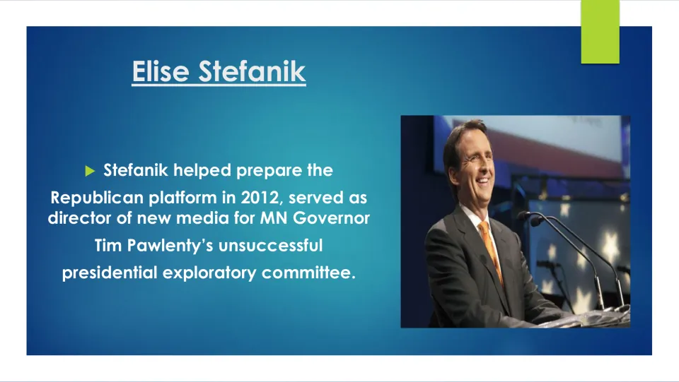 Political career slide covering Stefanik’s 2012 Republican platform work and new media role for Tim Pawlenty