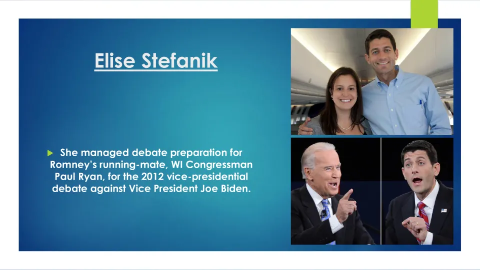 Political career slide describing Stefanik’s debate preparation work for Paul Ryan against Joe Biden in 2012
