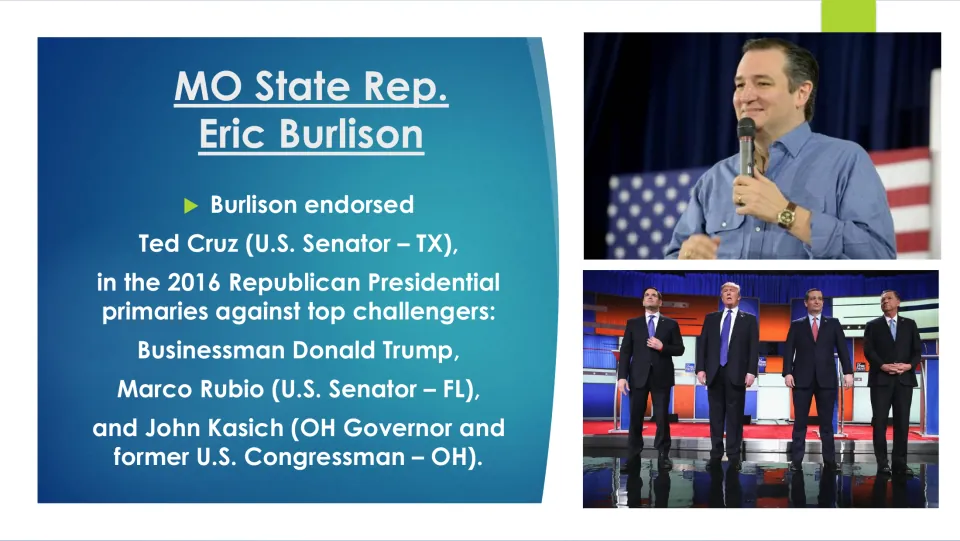 Political career slide describing Burlison’s endorsement of Ted Cruz in the 2016 Republican presidential primaries
