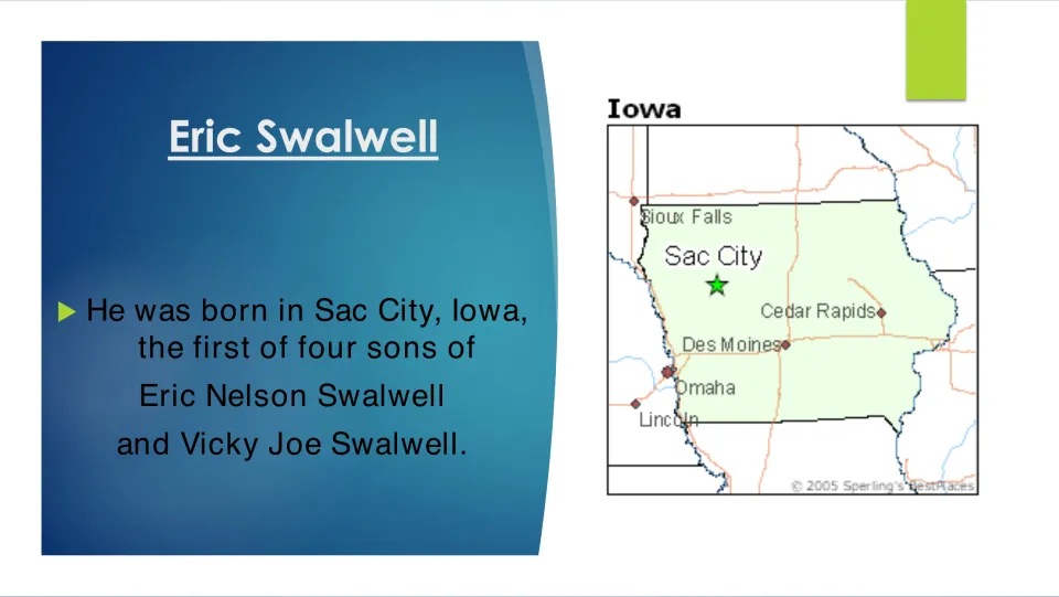 Swalwell's birth: born in Sac City, Iowa, first of four sons of Eric and Vicky Swalwell, with a map of Iowa marking Sac City