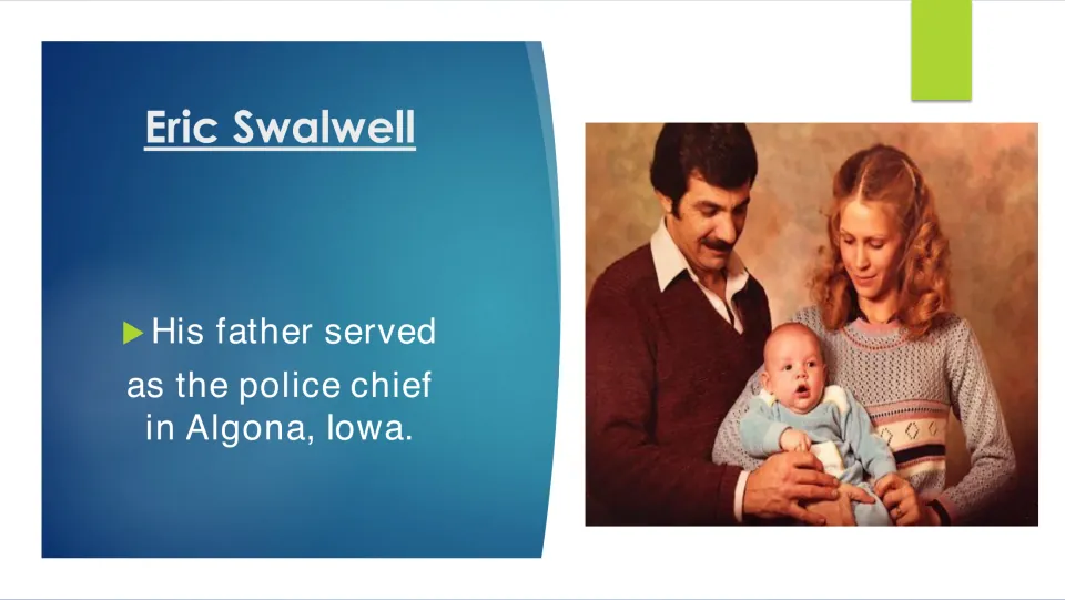 Swalwell's family: his father served as police chief in Algona, Iowa, shown beside a family photo of parents with a baby