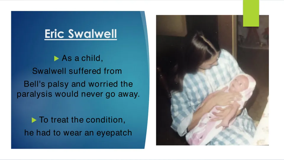 Swalwell's childhood: he had Bell's palsy and wore an eyepatch to treat it, with a photo of a woman holding a baby