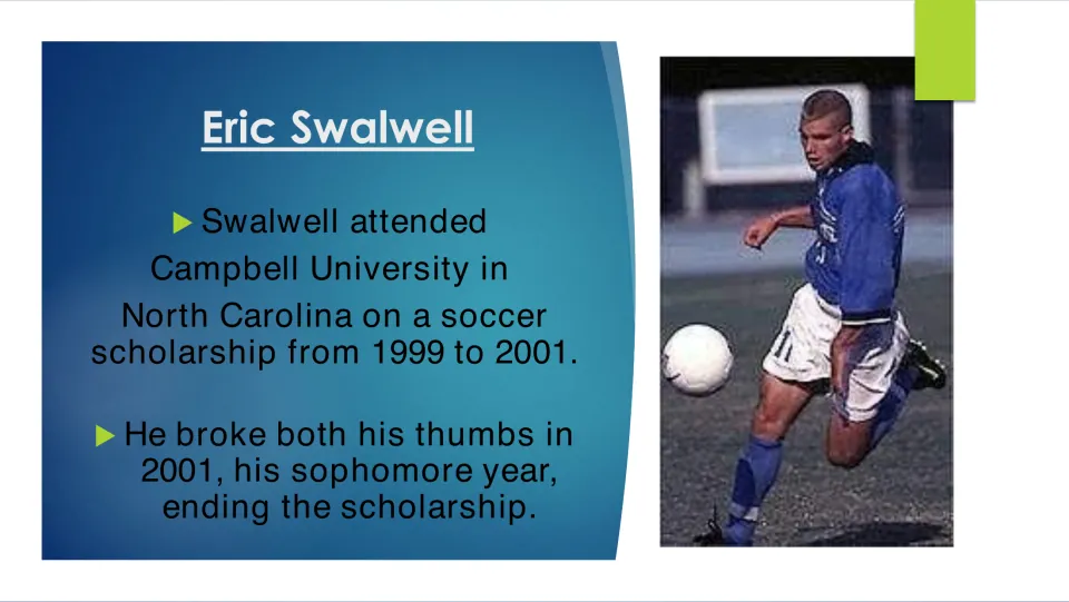 Campbell University soccer scholarship, 1999 to 2001, ended when Swalwell broke both thumbs; photo of him kicking a ball
