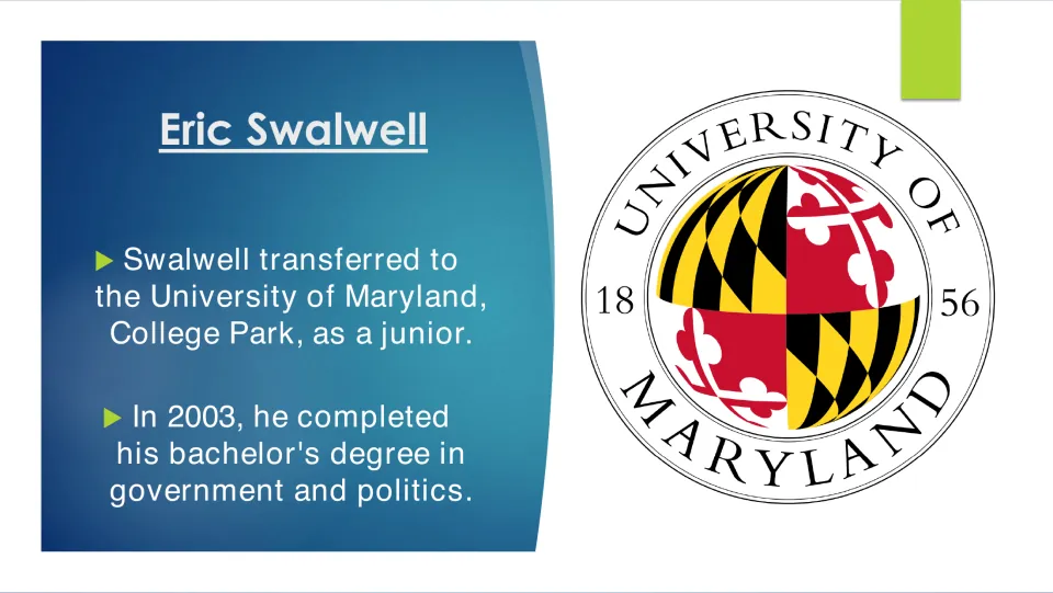 Transfer to the University of Maryland, College Park, and a 2003 bachelor's in government and politics, beside the UMD seal