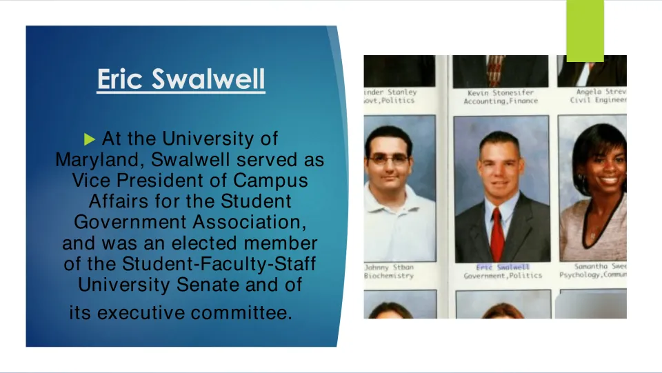 Student government at Maryland: Swalwell as SGA Vice President of Campus Affairs and University Senate member, yearbook photo
