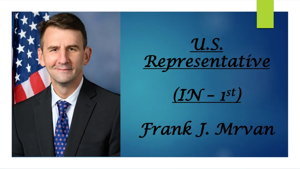 Biography presentation cover identifying Frank J. Mrvan as U.S. Representative for Indiana’s 1st District