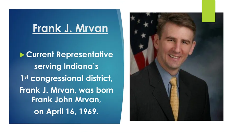 Biography slide introducing Indiana’s 1st District representative and his birth date of April 16, 1969