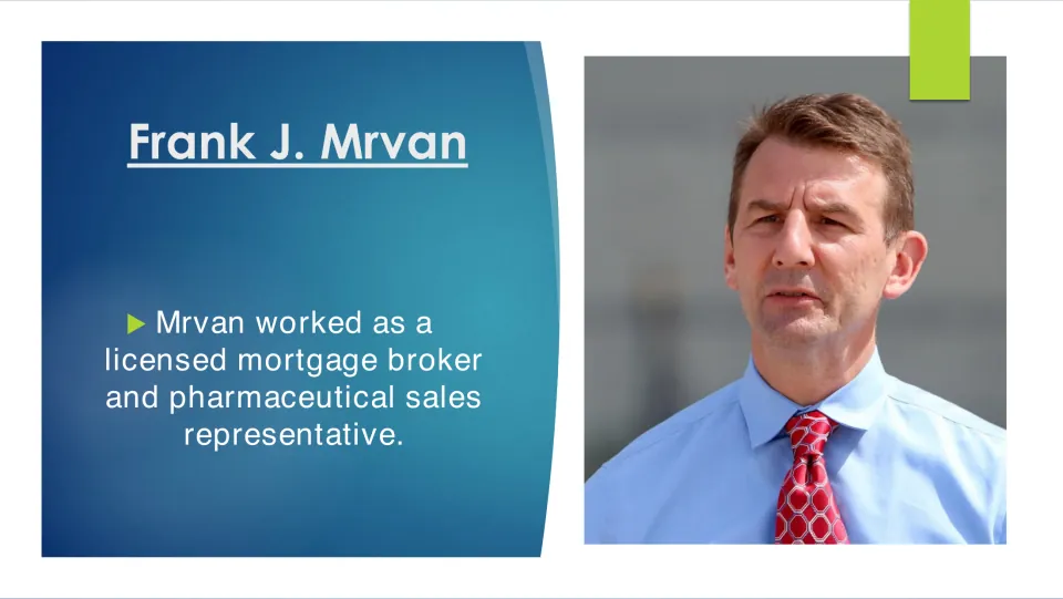 Biography slide describing Frank J. Mrvan’s work as a licensed mortgage broker and pharmaceutical sales rep