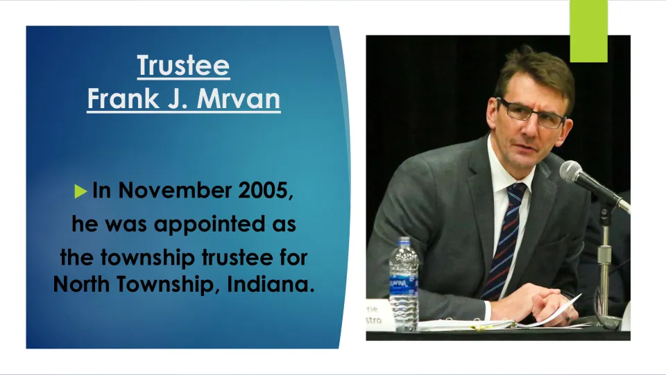 Biography slide recording Frank J. Mrvan’s November 2005 appointment as North Township trustee in Indiana