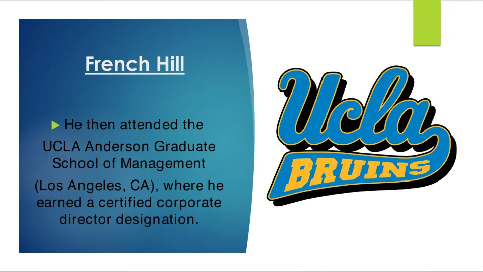 Education slide describing French Hill’s certified corporate director designation from UCLA Anderson