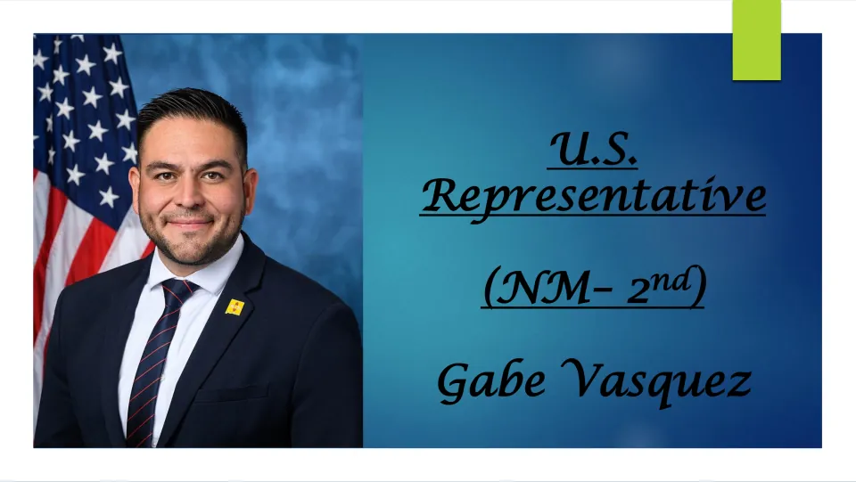 Biography cover identifying Gabe Vasquez as U.S. representative for New Mexico’s 2nd district, with his portrait