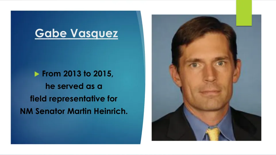 Public service slide stating Vasquez served as a field representative for Senator Martin Heinrich from 2013 to 2015