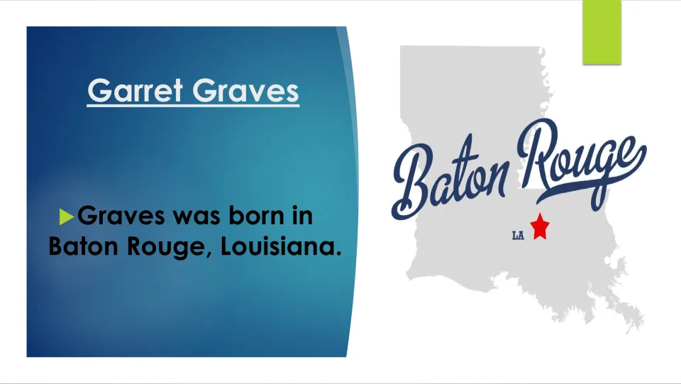 Biography slide naming Baton Rouge, Louisiana, as Garret Graves's birthplace, with a Louisiana map