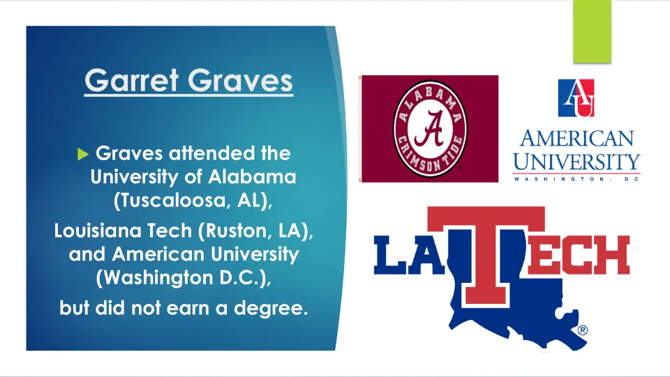 Education slide listing Alabama, Louisiana Tech, and American University; Graves did not earn a degree