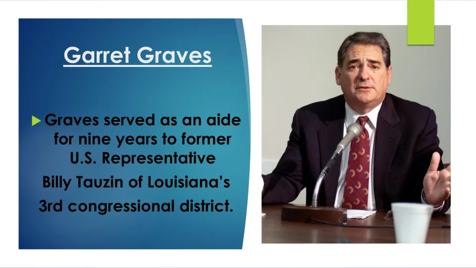 Early career slide describing Graves's nine years as an aide to Louisiana U.S. Representative Billy Tauzin