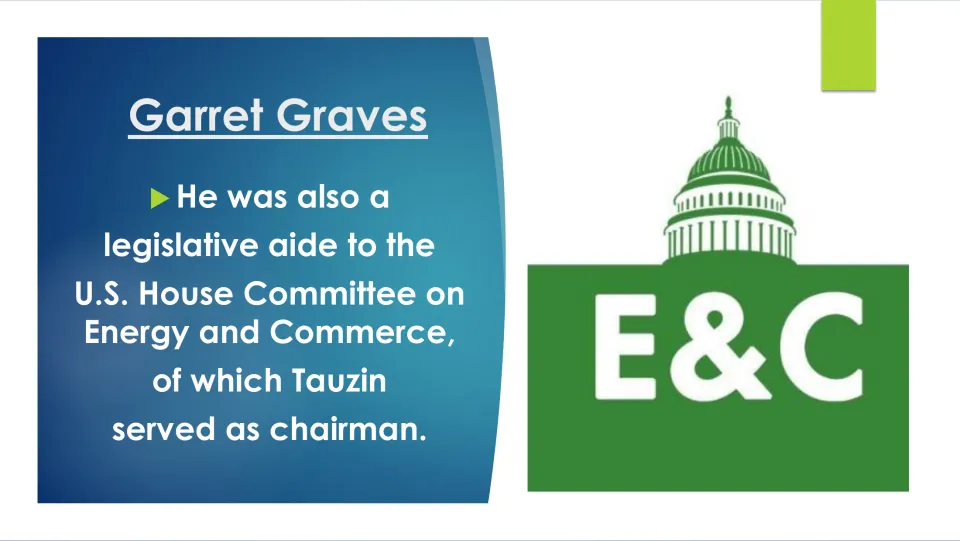 Early career slide detailing Graves's legislative aide role on the U.S. House Energy and Commerce Committee