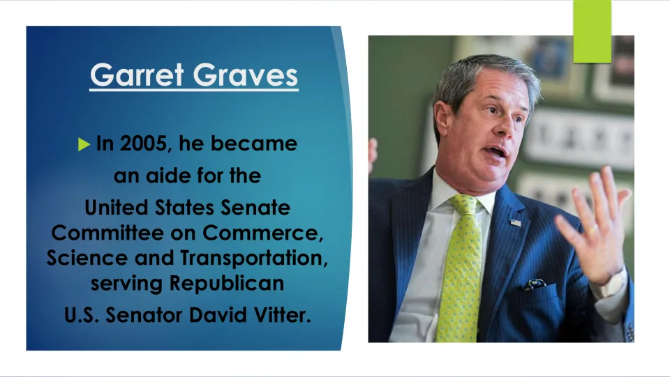 Early career slide on Graves's 2005 Senate Commerce, Science and Transportation aide role serving David Vitter