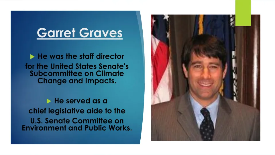 Career slide on Graves's Senate staff roles involving climate change and environment and public works