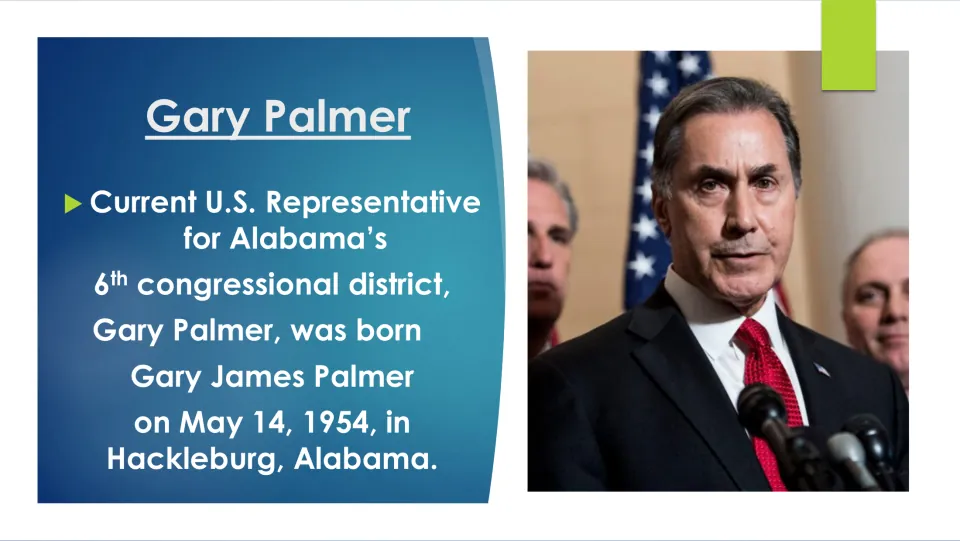 Biography slide stating Gary James Palmer was born on May 14, 1954, in Hackleburg, Alabama