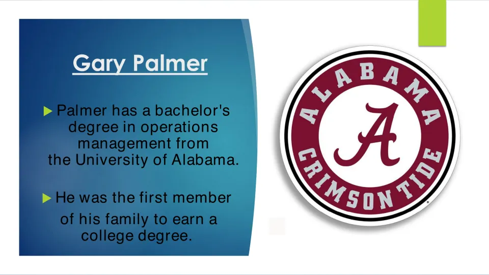 Biography slide on Palmer’s operations management degree and status as his family’s first college graduate