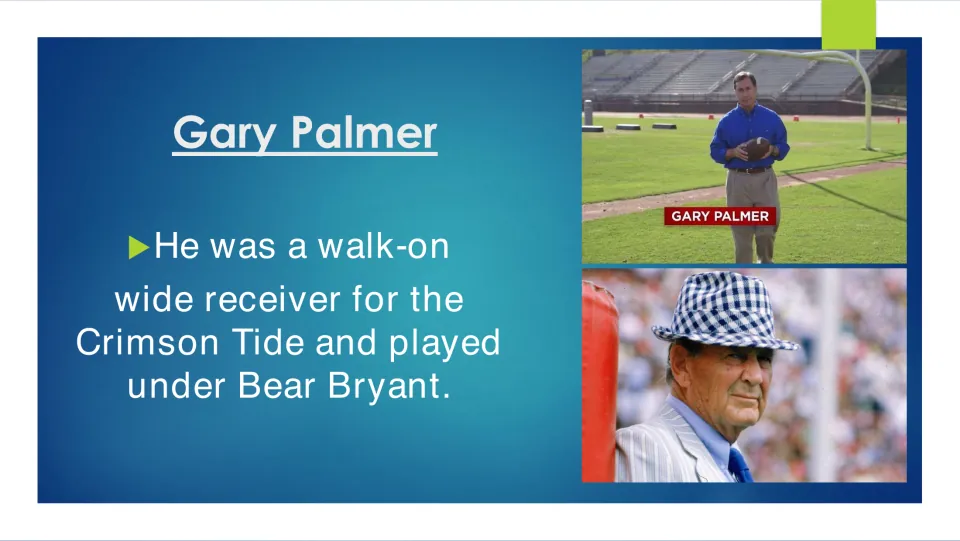 Biography slide describing Palmer as a walk-on wide receiver for the Crimson Tide under Bear Bryant