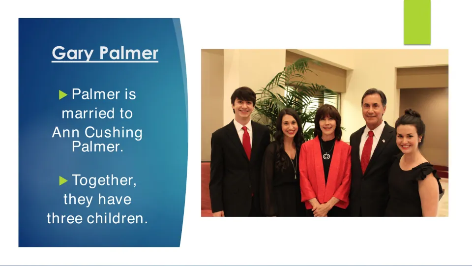 Biography slide identifying Palmer’s wife as Ann Cushing Palmer and noting their three children