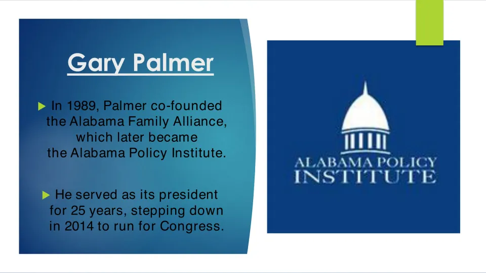 Biography slide on Palmer co-founding the Alabama Family Alliance in 1989 and serving as president for 25 years
