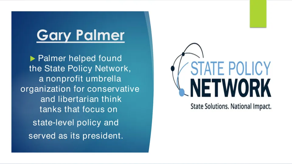 Biography slide describing the State Policy Network and Palmer’s roles as a founder and president