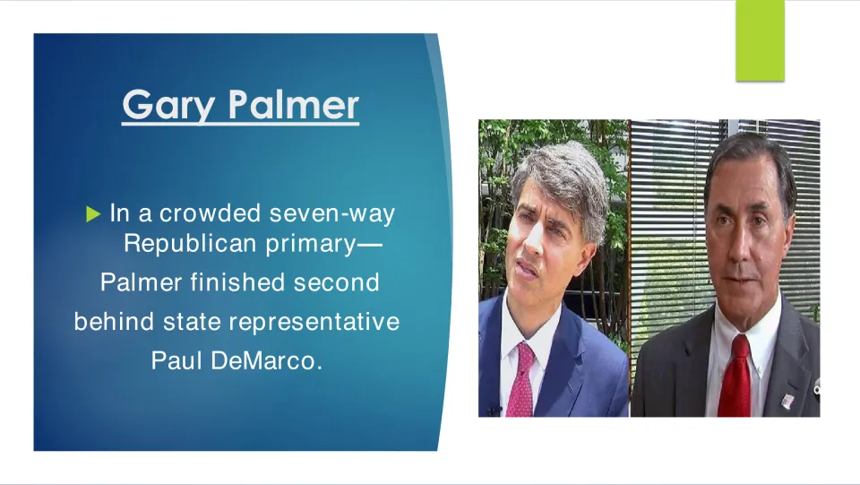 Biography slide stating Palmer finished second behind Paul DeMarco in a seven-way Republican primary