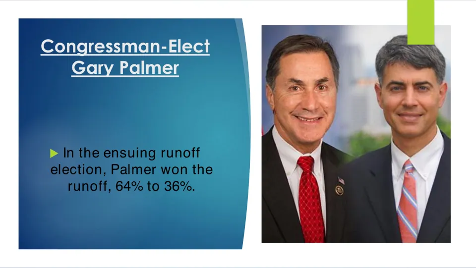 Biography slide reporting Palmer’s runoff election victory by 64% to 36%, with a photo of both candidates
