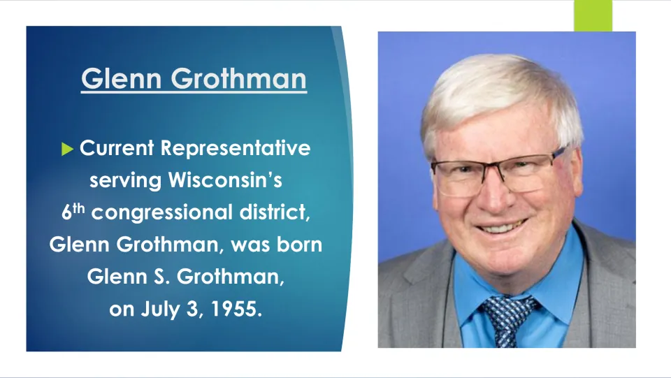 Biography slide giving Glenn Grothman's birth name, Glenn S. Grothman, and birthdate of July 3, 1955