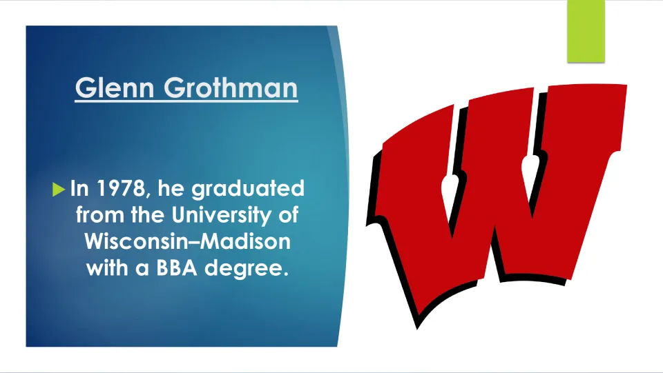 Education slide noting Grothman's 1978 graduation from the University of Wisconsin–Madison with a BBA degree