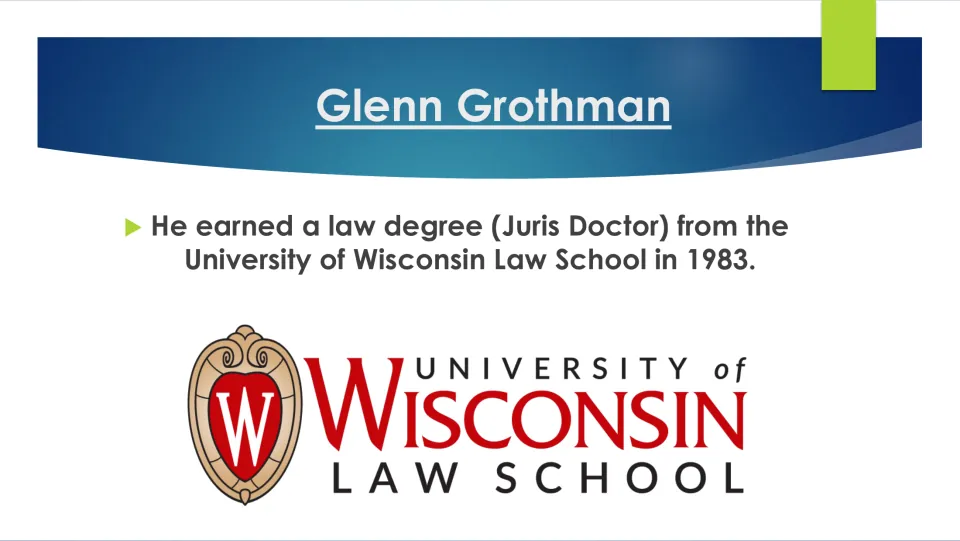 Education slide stating that Grothman earned a Juris Doctor from the University of Wisconsin Law School in 1983