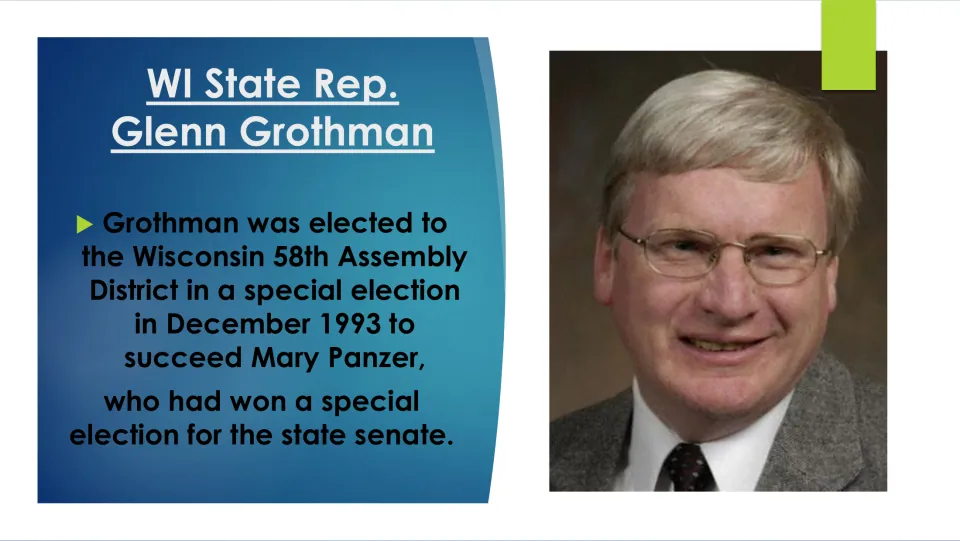 Political career slide covering Grothman's December 1993 election to Wisconsin's 58th Assembly District