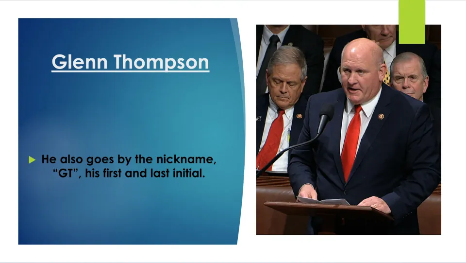 Biography slide explaining that Glenn Thompson’s nickname “GT” comes from his first and last initials