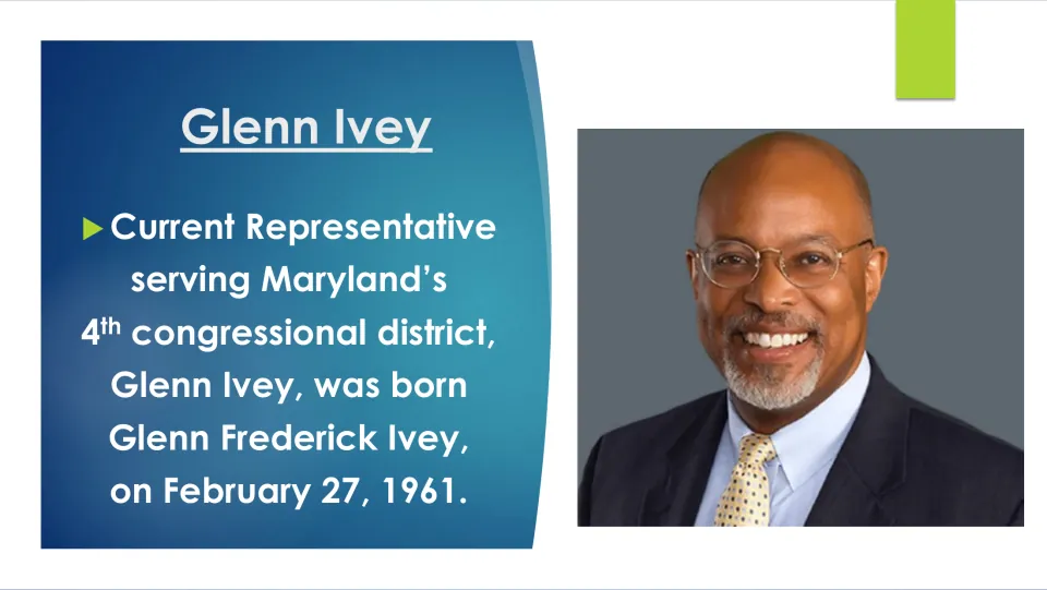 Biography slide giving Glenn Ivey's full name, Glenn Frederick Ivey, and birth date, February 27, 1961