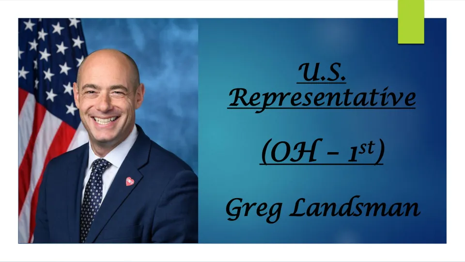 Biography presentation cover identifying Greg Landsman as U.S. Representative for Ohio’s 1st district