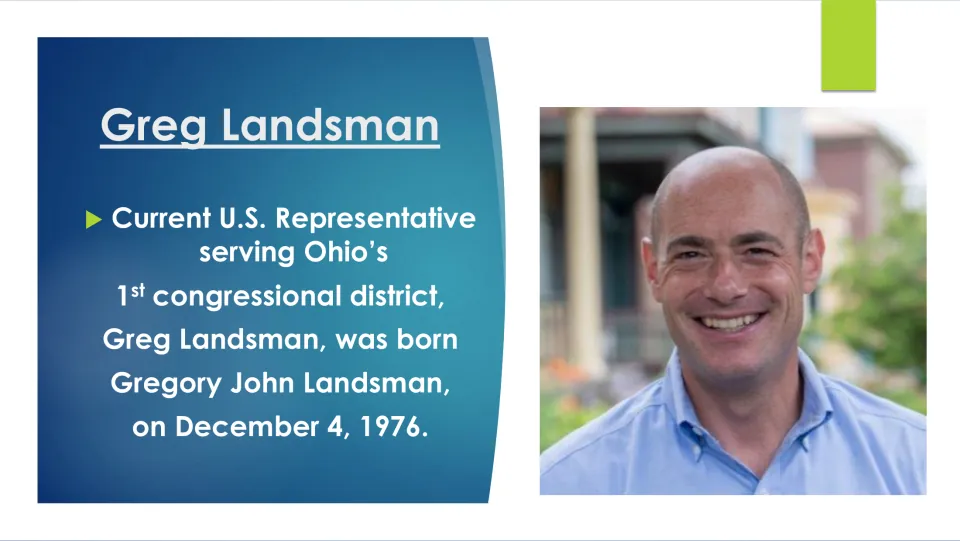 Biography slide giving Greg Landsman’s full name, Gregory John Landsman, and birth date, December 4, 1976