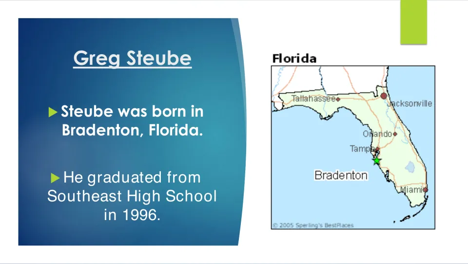 Biography slide on Steube’s Bradenton, Florida, birthplace and 1996 graduation from Southeast High School