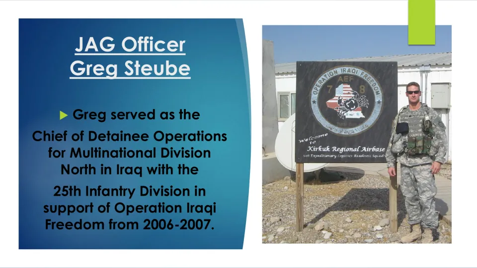 Army service slide describing Steube’s role as Chief of Detainee Operations in Iraq from 2006 to 2007