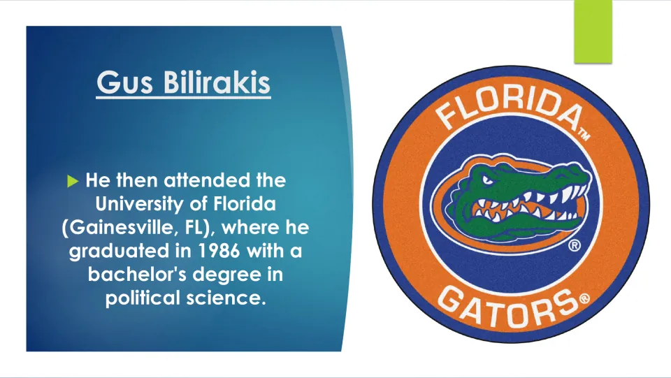 Biography slide detailing Gus Bilirakis’s 1986 University of Florida bachelor’s degree in political science
