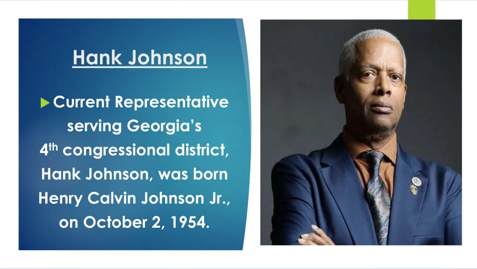 Biography slide introducing Hank Johnson as Henry Calvin Johnson Jr., born on October 2, 1954