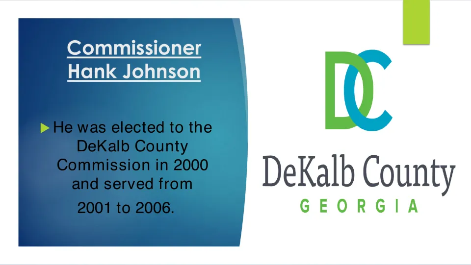 Career slide covering Hank Johnson’s 2000 election to the DeKalb County Commission and service from 2001 to 2006