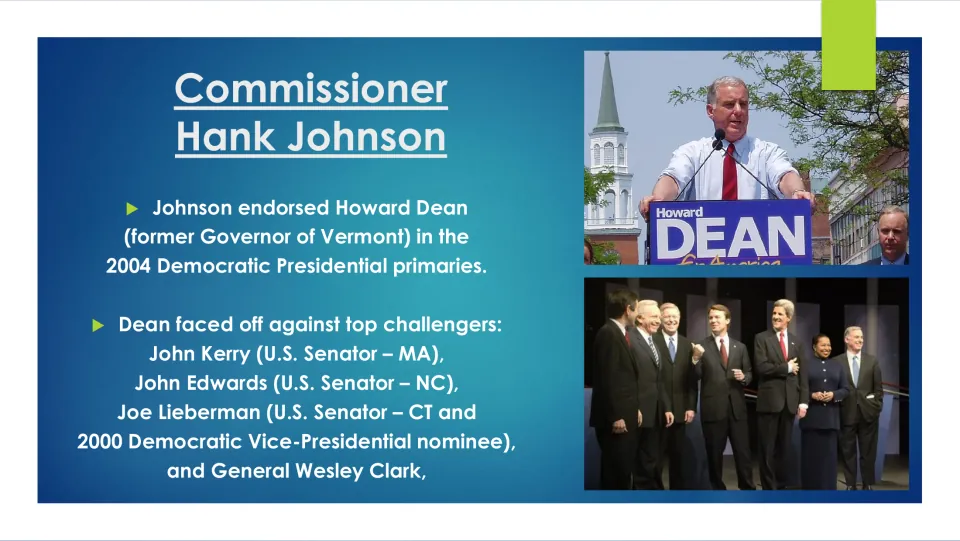 Political biography slide on Johnson’s endorsement of Howard Dean in the 2004 Democratic presidential primaries