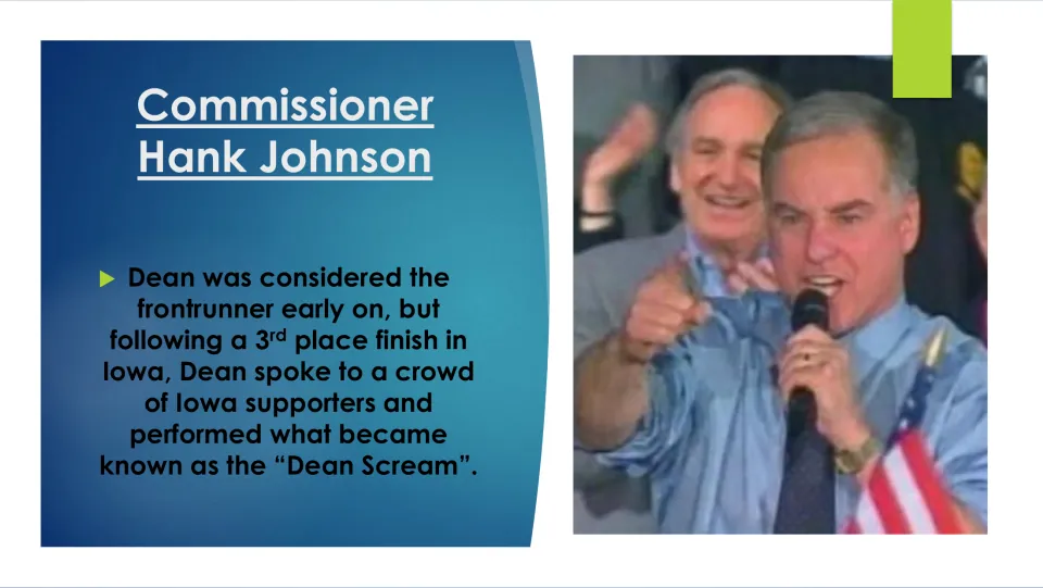 Political biography slide explaining the “Dean Scream” after Howard Dean’s third-place finish in Iowa