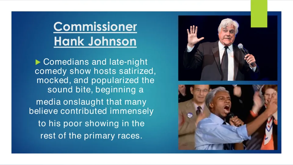 Political biography slide describing comedians’ treatment of the “Dean Scream” and its reported campaign impact