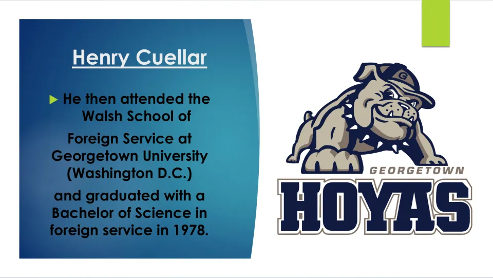 Biography slide describing Cuellar’s 1978 Bachelor of Science in foreign service from Georgetown University