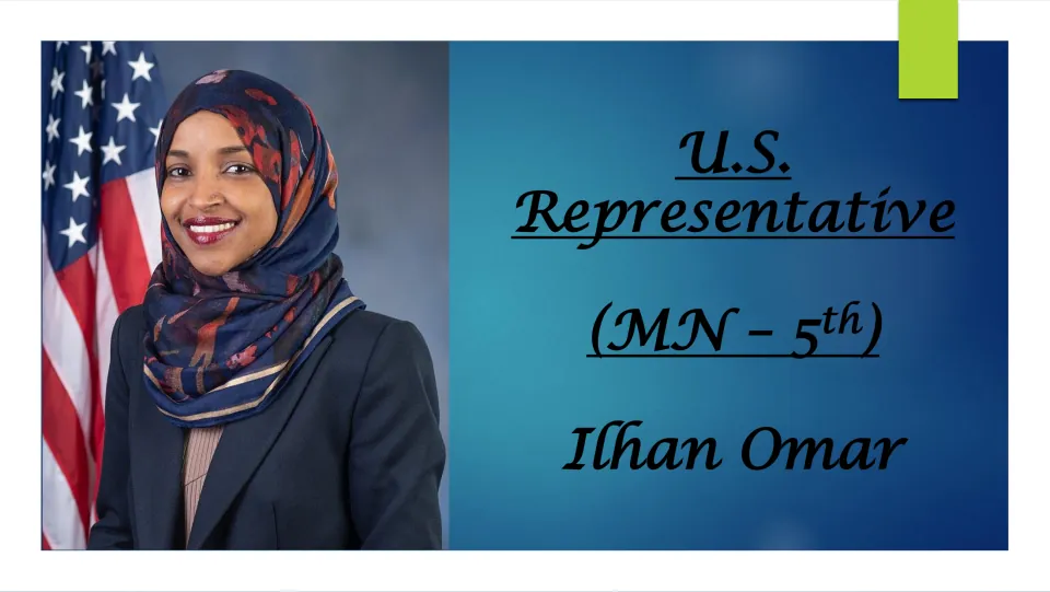 Biography presentation cover identifying Ilhan Omar as U.S. representative for Minnesota's 5th district